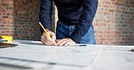 Hands, blueprint and drawing at construction site for architect, design and urban infrastructure. Engineer person, paperwork and floor plan for contactor, property development or project management