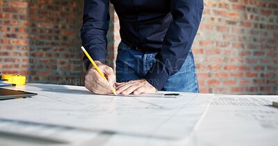 Buy stock photo Hands, blueprint and drawing at construction site for architect, design and urban infrastructure. Engineer person, paperwork and floor plan for contactor, property development or project management