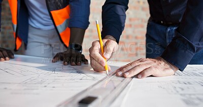 Buy stock photo Hands, blueprint and drawing at construction site for engineer, teamwork and urban infrastructure. Architect people, paperwork and floor plan for contactor, property development or project management