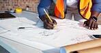 Hands, floor plan and drawing at construction site for architect, design and urban infrastructure. Engineer person, paperwork and blueprint for contactor, property development or project management