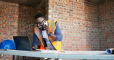 Buy stock photo Black man, phone call and laptop at construction site for engineer, planning and urban infrastructure. Floor plan, paperwork and tech for contactor, property development and project management