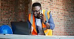 Black man, phone call and laptop at construction site for architect, planning and urban infrastructure. Floor plan, communication and tech for contactor, property development and project management