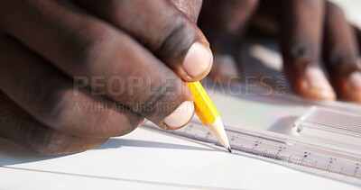 Buy stock photo Hands, floor plan and drawing for construction with engineer, design and urban infrastructure. Architect person, paperwork and blueprint for contactor, property development or project management