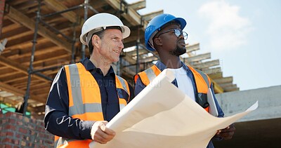 Buy stock photo Inspection, blueprint and architect with people on construction site for documents, renovation and team. Contractor report, engineering feedback and project development with men at building plans