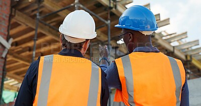 Buy stock photo Meeting, back and architect with people on construction site for discussion, renovation and team. Contractor review, engineering feedback and project development with men at building inspection