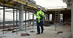 Thinking, black man and engineer at site with phone call, inspection and feedback on construction. Smile, person or talking at worksite with mobile, planning and compliance update for building safety