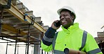Smile, black man and engineer outdoor with phone call, inspection and feedback on construction. Thinking, person or talking at worksite with mobile, planning and compliance update for building safety