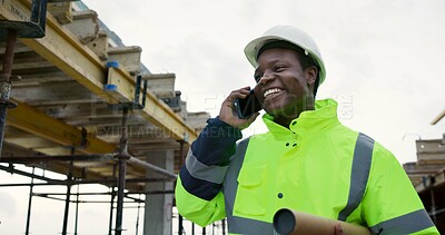 Buy stock photo Smile, black man and engineer outdoor with phone call, inspection and feedback on construction. Thinking, person or talking at worksite with mobile, planning and compliance update for building safety