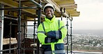 Crossed arms, black man and portrait of construction worker on site with confidence for renovation. Happy, scaffolding and male civil engineer with pride for infrastructure, building or repairs.