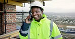 Happy, black man and engineer outdoor with phone call, inspection and feedback on construction. Thinking, person or talking at worksite with mobile, planning and compliance update for building safety