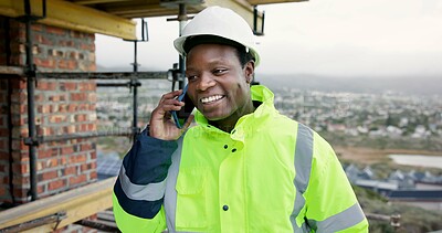 Buy stock photo Happy, black man and engineer outdoor with phone call, inspection and feedback on construction. Thinking, person or talking at worksite with mobile, planning and compliance update for building safety