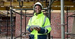 Tablet, black man and portrait of construction worker on site with confidence for renovation on building. Digital technology, scaffolding and civil engineer with pride for research on infrastructure.