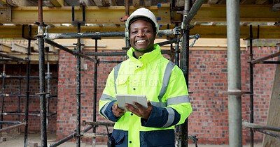 Buy stock photo Tablet, black man and portrait of construction worker on site with confidence for renovation on building. Digital technology, scaffolding and civil engineer with pride for research on infrastructure.