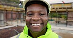 Portrait, black man and engineer at site with smile, inspection and construction for architecture. Happy, person and hardhat on rooftop for quality assurance, worksite safety and building development