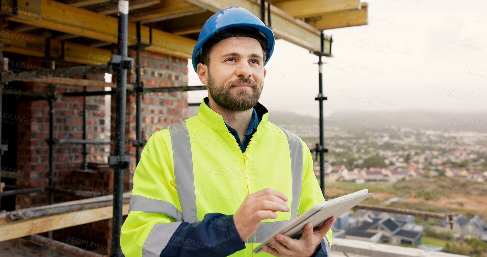 Buy stock photo Man, thinking and construction worker on site with tablet for email feedback on renovation. Technology, planning and male civil engineer with contact for approval on building, maintenance or repairs.