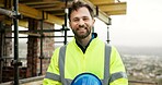 Portrait, man and engineer at site with smile, inspection and construction for architecture. Happy, male person and hardhat on rooftop for quality assurance, worksite safety and building development