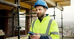 Man, thinking and construction worker on site with phone for  email feedback on renovation. Cellphone, planning and male civil engineer with texting for approval on building, maintenance or repairs.