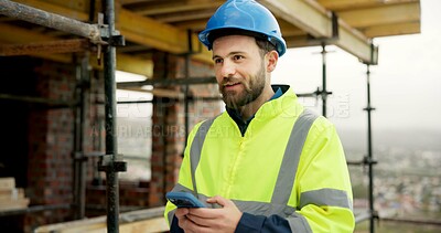 Buy stock photo Man, thinking and construction worker on site with phone for  email feedback on renovation. Cellphone, planning and male civil engineer with texting for approval on building, maintenance or repairs.