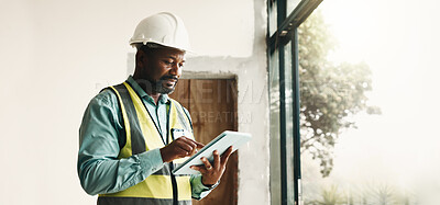 Buy stock photo Black man, new home and tablet for renovation, inspection or real estate maintenance for report. Mature person, tech or scroll for architect planning in house with property remodeling or upgrade
