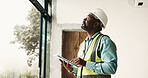 Black man, new home and tablet for remodeling, inspection or real estate maintenance for report. Person, digital tech or scroll for architectural planning in house with property renovation or upgrade