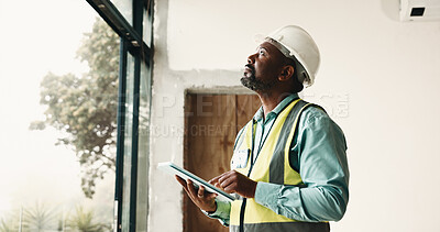 Buy stock photo Black man, new home and tablet for remodeling, inspection or real estate maintenance for report. Mature person, tech or scroll for architect planning in house with property renovation or upgrade