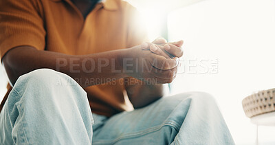 Buy stock photo Man, hands and waiting with stress on sofa in home for mistake, personal loan or jobless. Debt, regret or male person with depression or financial crisis for disorder, unemployment or bankruptcy