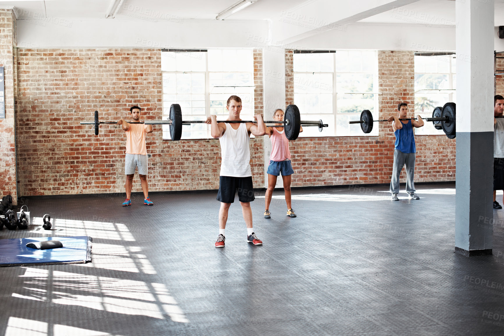 Buy stock photo Weightlifting, people or barbell in gym for fitness class, health or practice technique for strength. Training, group or bodybuilder equipment for exercise development, power or muscle growth workout