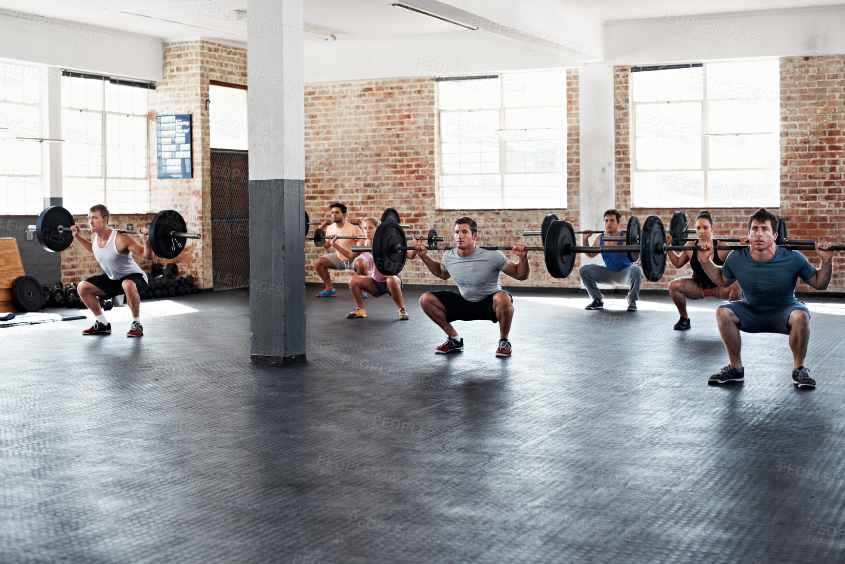 Buy stock photo People, squat and barbell at gym for fitness, exercise and agile challenge for strength training. Strong, group and session with equipment for weightlifting, endurance workout and resilience wellness
