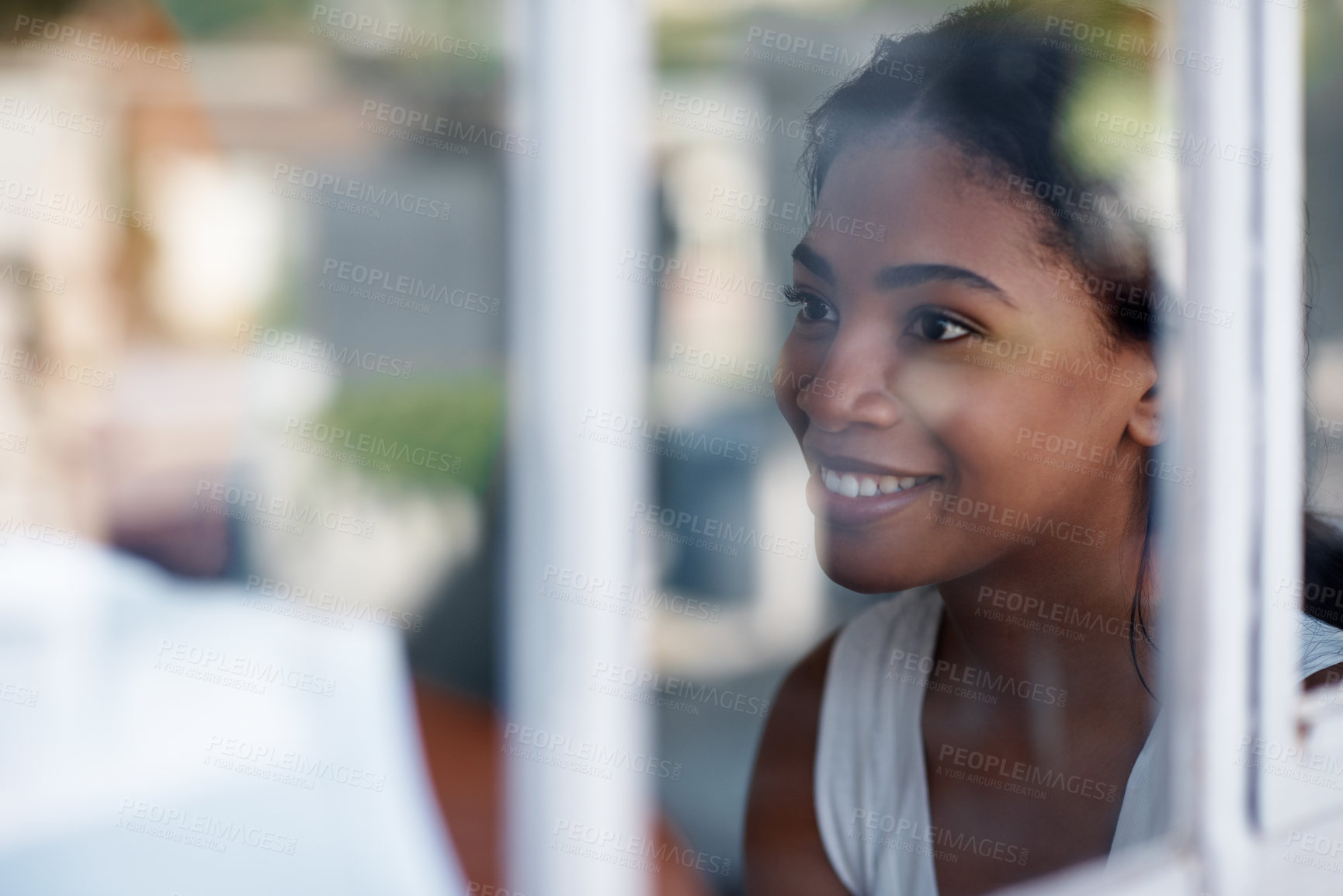 Buy stock photo Morning, couple and happy woman with window in home for holiday, bonding or reflection together. Female person, smile or conversation with man or partner for weekend, comfort or relationship in house