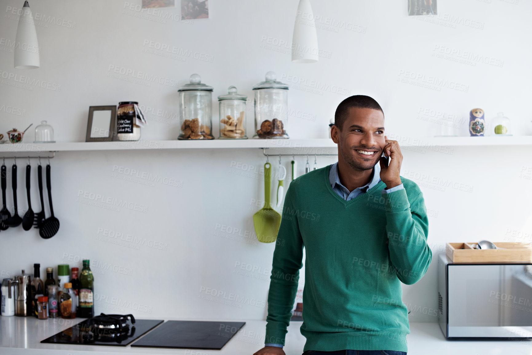 Buy stock photo Phone call, happy and man in kitchen with connection, networking and communication in online chat. Smile, feedback and person in home with tech, conversation and contact with digital discussion.