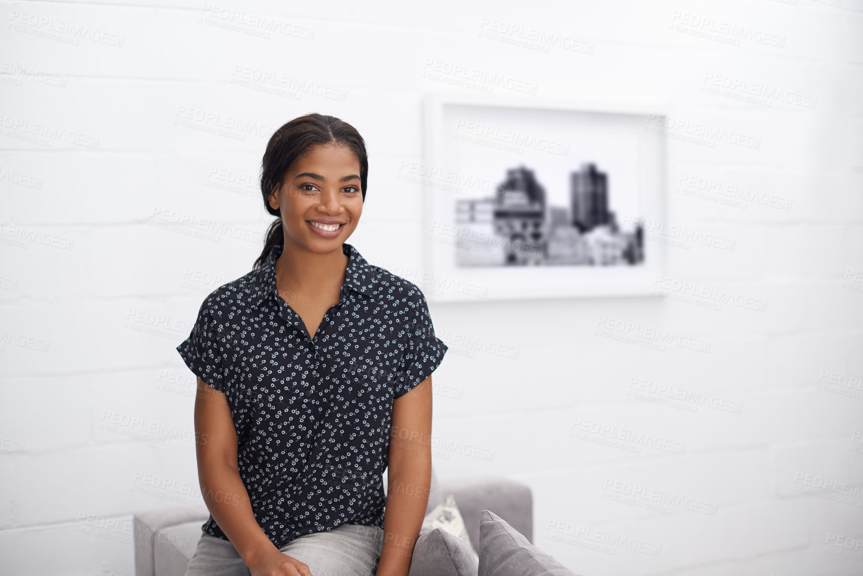 Buy stock photo Wellness, relax or black woman on sofa with portrait, unwind or positive attitude on weekend break. Wellbeing, space and person in house with confidence, happy moment and good mood with day off.
