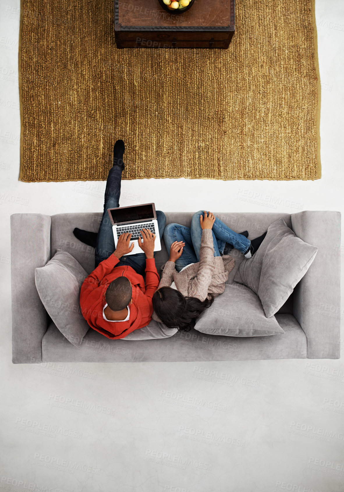 Buy stock photo Above, couple and relax at house with laptop, social media and streaming online for latest film. People, unwind and typing in lounge with tech, browsing website and watching movies for weekend break