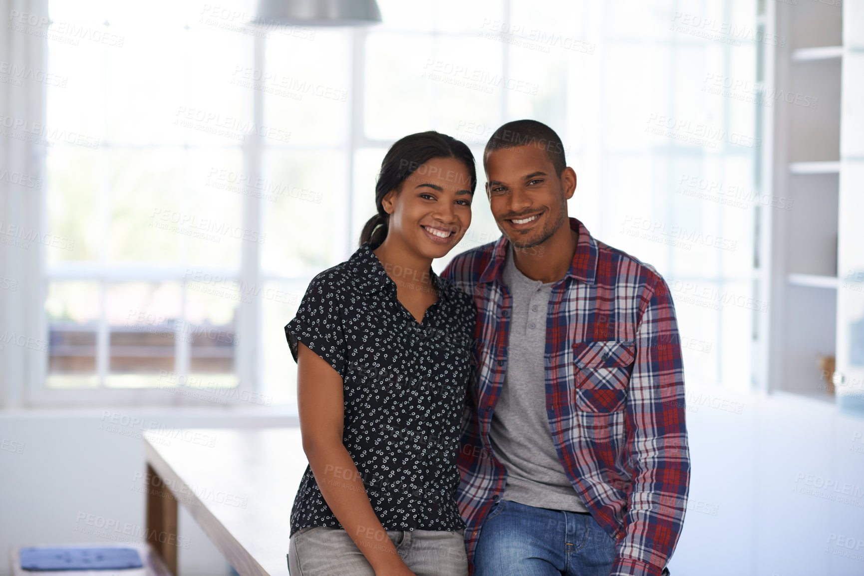 Buy stock photo Love, portrait and couple in home with smile, partner loyalty and bonding together in connection. Safety, trust and people in house with support, romantic moment and commitment in happy relationship.