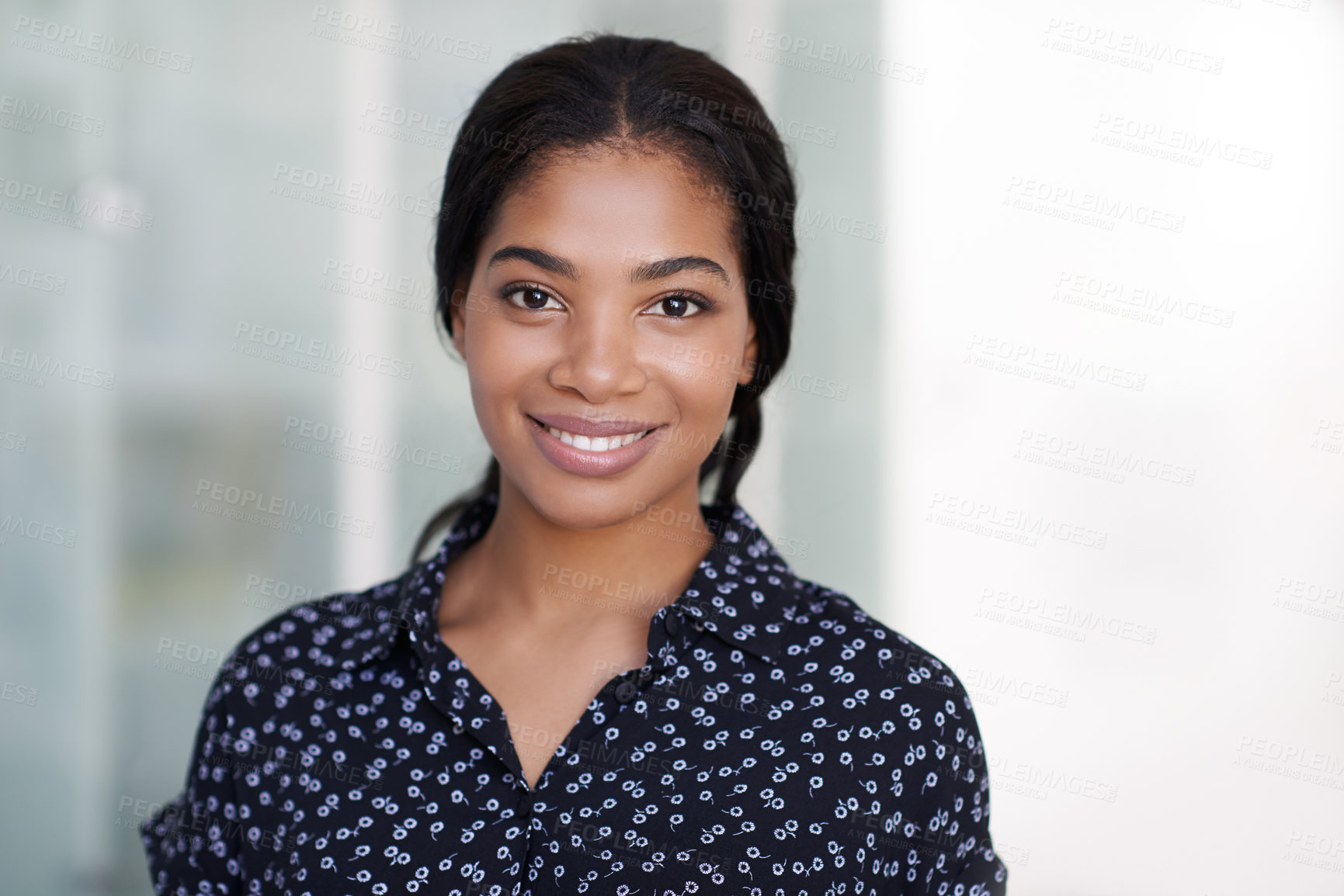Buy stock photo Portrait, smile and woman in home as freelancer, creative and marketing professional. Happy, female person and remote work at apartment, media planner or advertising with career development in Brazil
