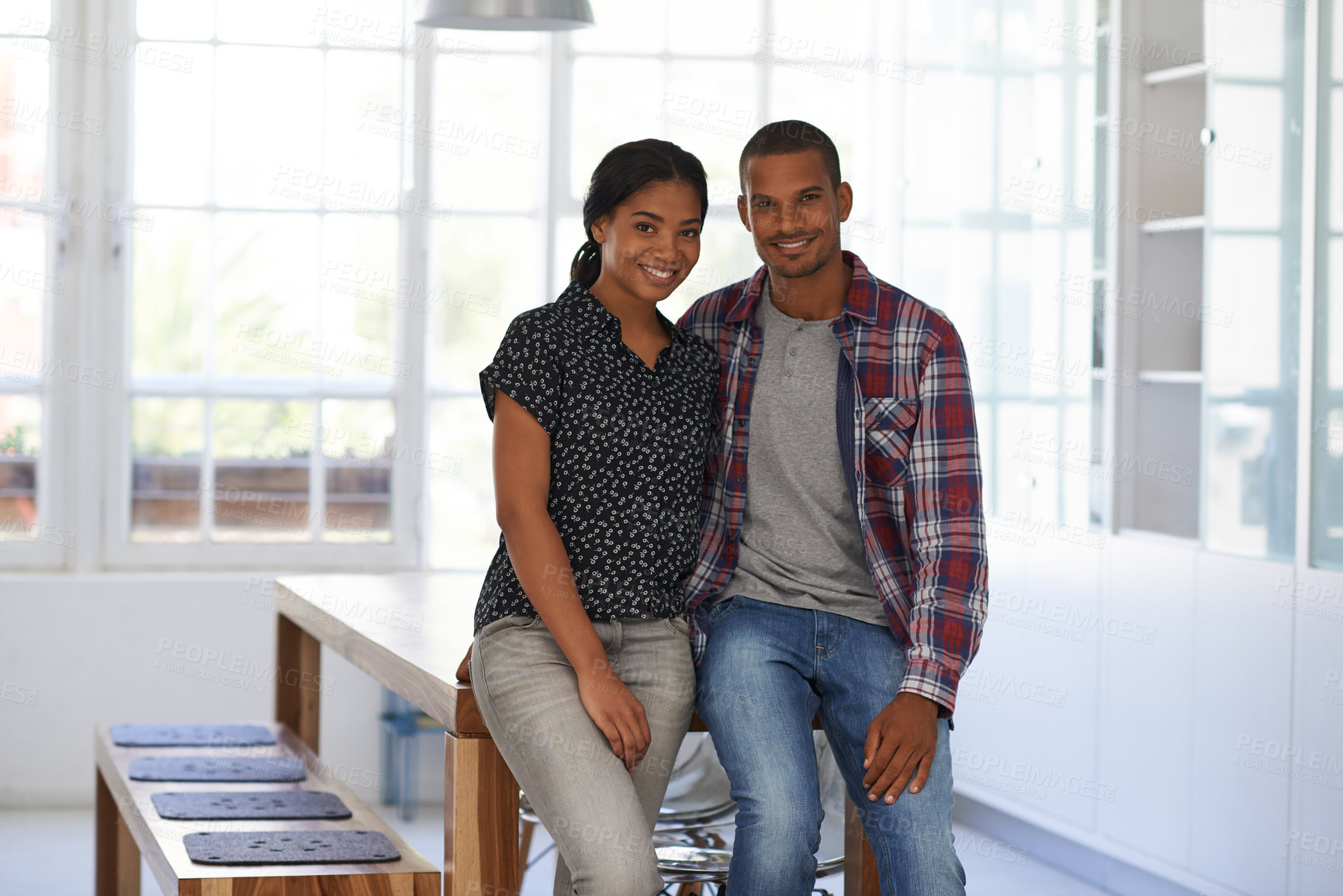 Buy stock photo Love, portrait and couple in house with support, partner loyalty and bonding together in connection. Tender, happy and people in home with hug, romantic moment and commitment in healthy relationship.