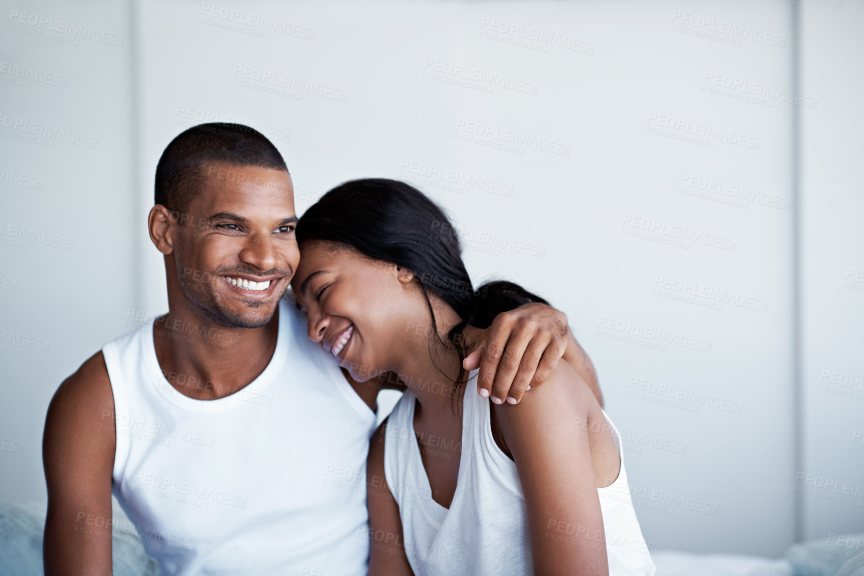 Buy stock photo Love, smile or couple in bedroom with hug, partner comfort or bonding together on weekend break. Tender, space or people in house with embrace, happy connection or romantic relationship with day off.