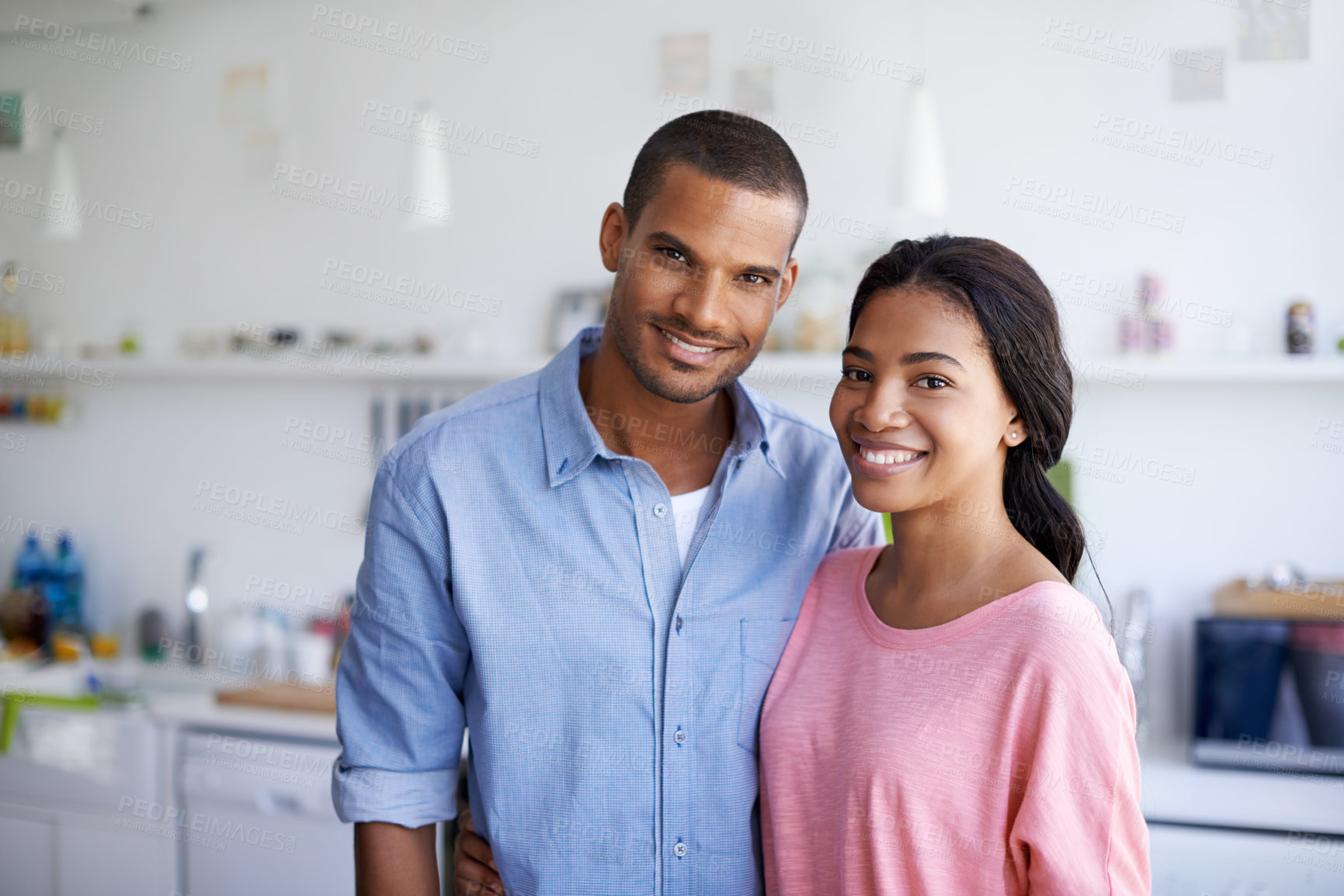 Buy stock photo Love, portrait or couple in kitchen with smile, partner loyalty or bonding together in connection. Tender, happy or people in house with support, romantic moment or commitment in healthy relationship