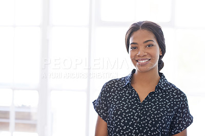 Buy stock photo Portrait of a smiling young woman at home