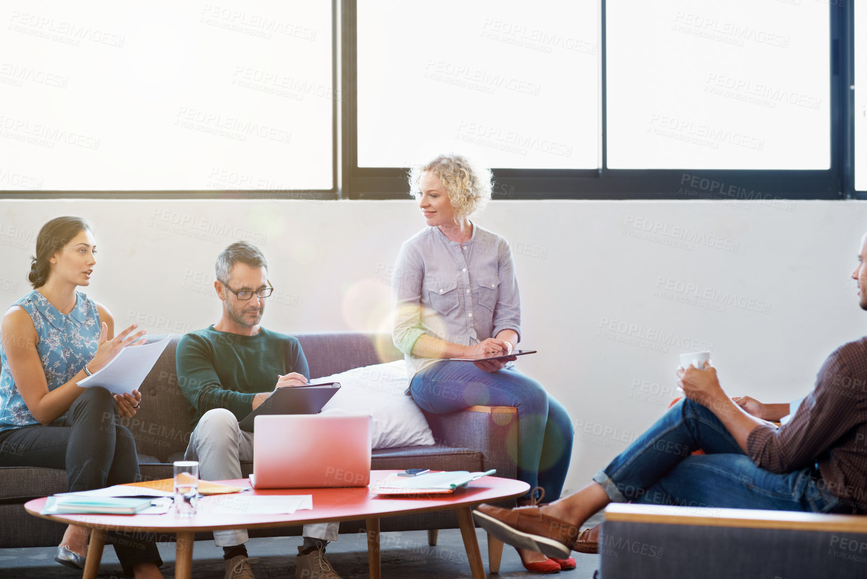 Buy stock photo Creative, people and meeting in office with document, digital marketing proposal and collaboration. Team, discussion and advertising plan in agency with campaign manager, writing notes and reminder.