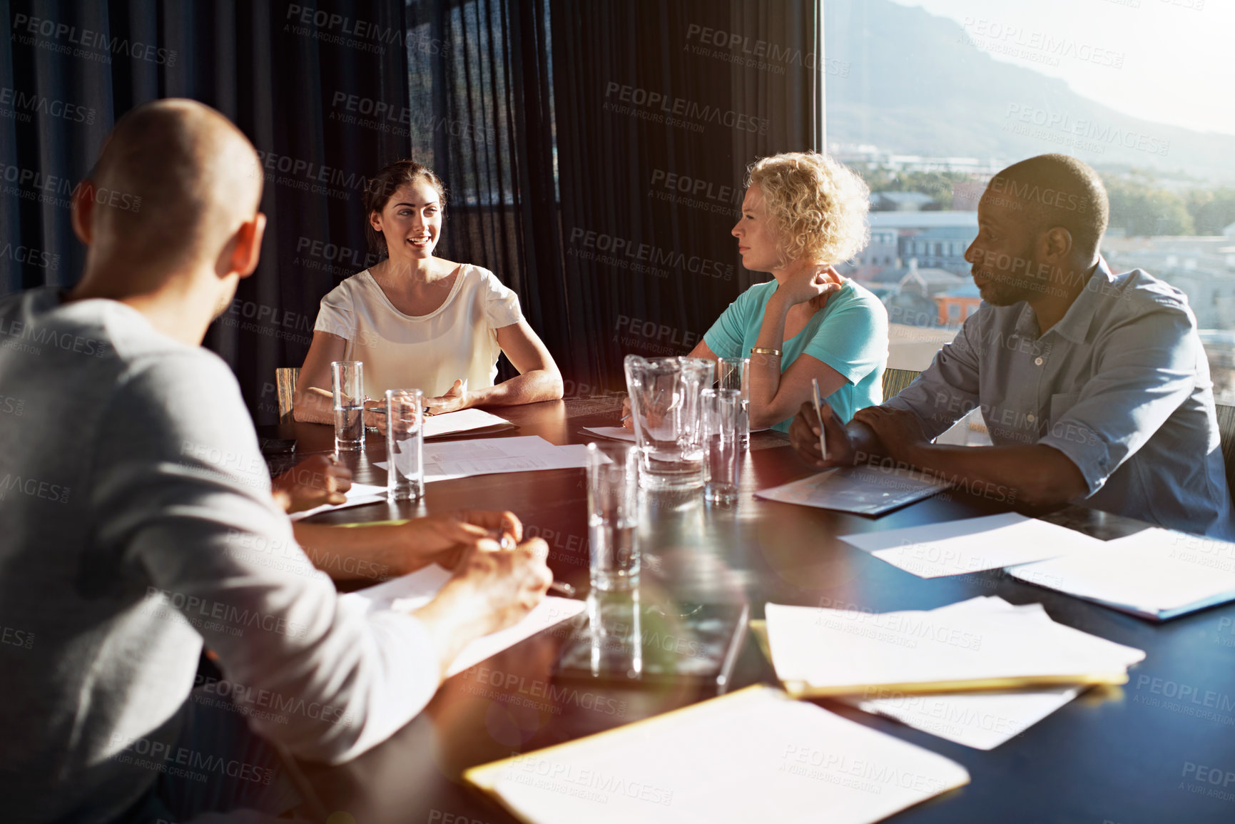 Buy stock photo Creative, people and meeting in boardroom with conversation, advertising proposal and collaboration. Team, discussion and marketing strategy in office with campaign manager, planning or productivity.