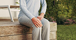 Knee pain, hands and backyard with old woman in home for osteoarthritis, injury or joint issue. Fibromyalgia inflammation, fracture risk and pressure with senior person outdoor for tension and sprain