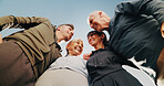 Blue sky, senior people and smile with huddle for fitness, support and celebration together. Nature, retirement and friends with embrace for solidarity, exercise goal or motivation with low angle