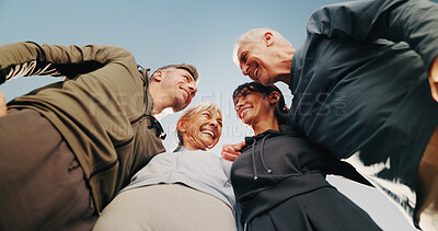 Buy stock photo Personal trainer, people and smile with huddle for fitness, support or collaboration together. Nature, woman and mature friends with embrace for solidarity, exercise goal or motivation with low angle