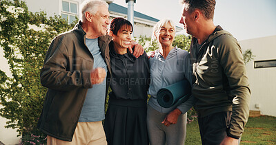Buy stock photo Backyard, people and smile with huddle for fitness, support and warm up together. Garden, personal trainer and mature friends with embrace for solidarity, exercise goal or motivation with wellness