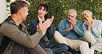 Outdoor, people and applause with huddle for fitness, support and celebration together. Park, retirement and mature friends with success for solidarity, exercise goal or motivation with wellness team