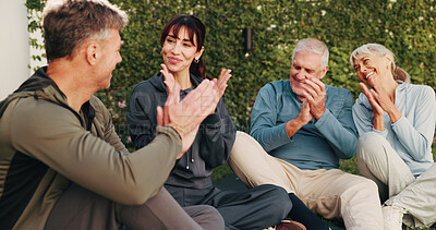 Buy stock photo Outdoor, people and applause with smile for fitness, support and celebration together. Park, teamwork and mature friends with success for solidarity, exercise goal or motivation with wellness