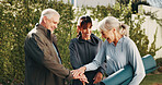 Backyard, senior people and hands with huddle for fitness, support and celebration together. Garden, retirement and friends with stack for solidarity, exercise goal or motivation with wellness team