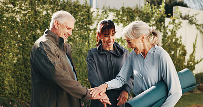 Buy stock photo Backyard, people and hands together with personal trainer for fitness, support and celebration. Garden, huddle and mature friends with stack for solidarity, exercise goal or motivation with wellness