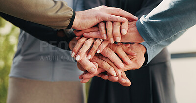 Buy stock photo Park, people and hands with huddle for fitness, support and collaboration together. Nature, teamwork and athlete friends with stack for solidarity, exercise goal or motivation with wellness outdoor