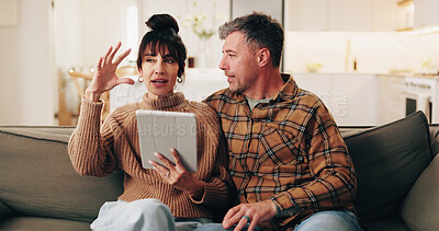 Buy stock photo Talking, sofa and mature couple on tablet for planning, online shopping and decision for purchase. Marriage, home and man with woman on digital tech for connection, internet and bonding on weekend